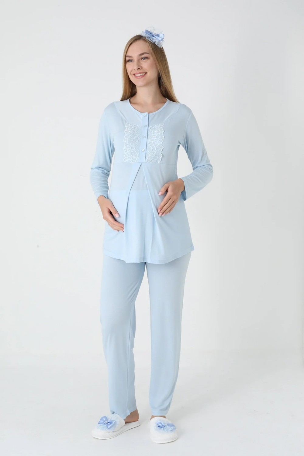 raia Mavi Jakarlı Şal Yaka Özel Tasarım Kışlık Uzun Kol %100 Pamuk Hamile Sabahlık Pijama Takımı 3'lü Set görsel 3