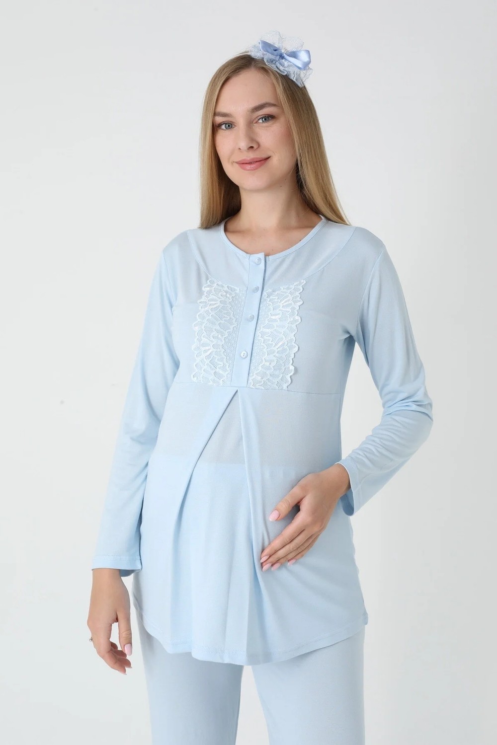 raia Mavi Jakarlı Şal Yaka Özel Tasarım Kışlık Uzun Kol %100 Pamuk Hamile Sabahlık Pijama Takımı 3'lü Set görsel 4