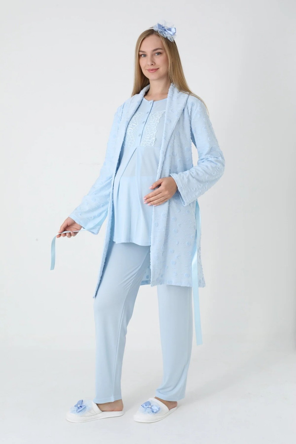 raia Mavi Jakarlı Şal Yaka Özel Tasarım Kışlık Uzun Kol %100 Pamuk Hamile Sabahlık Pijama Takımı 3'lü Set görsel 7