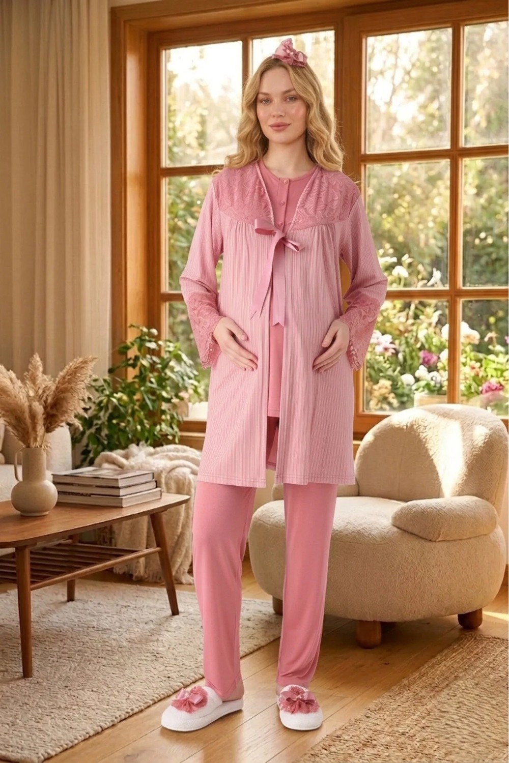 raia Yeni Sezon Mint Yeşil Yazlık Jakarlı Düğmeli Tasarım Dantel Detaylı Hamile Sabahlık Pijama Takım Set