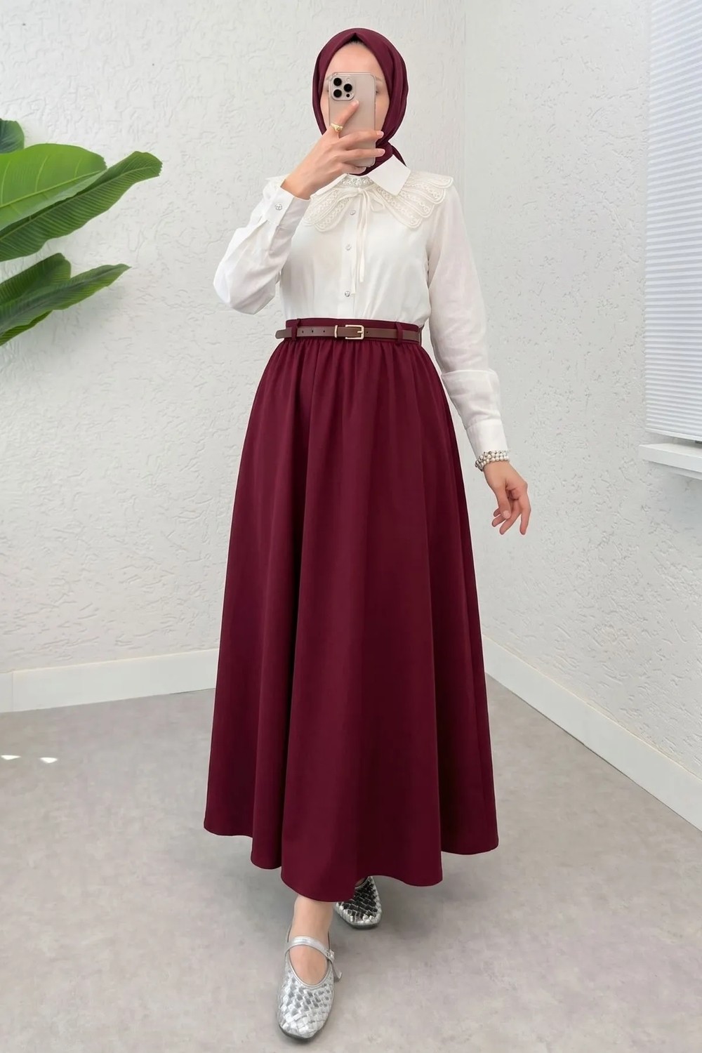 Modestim Kadın Kemerli Soft Büzgülü Bel Lastikli Haki Tesettür Uzun Etek