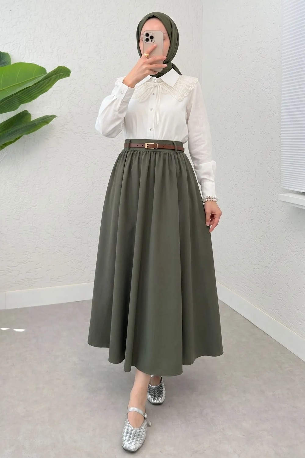 Modestim Kadın Kemerli Soft Büzgülü Bel Lastikli Haki Tesettür Uzun Etek