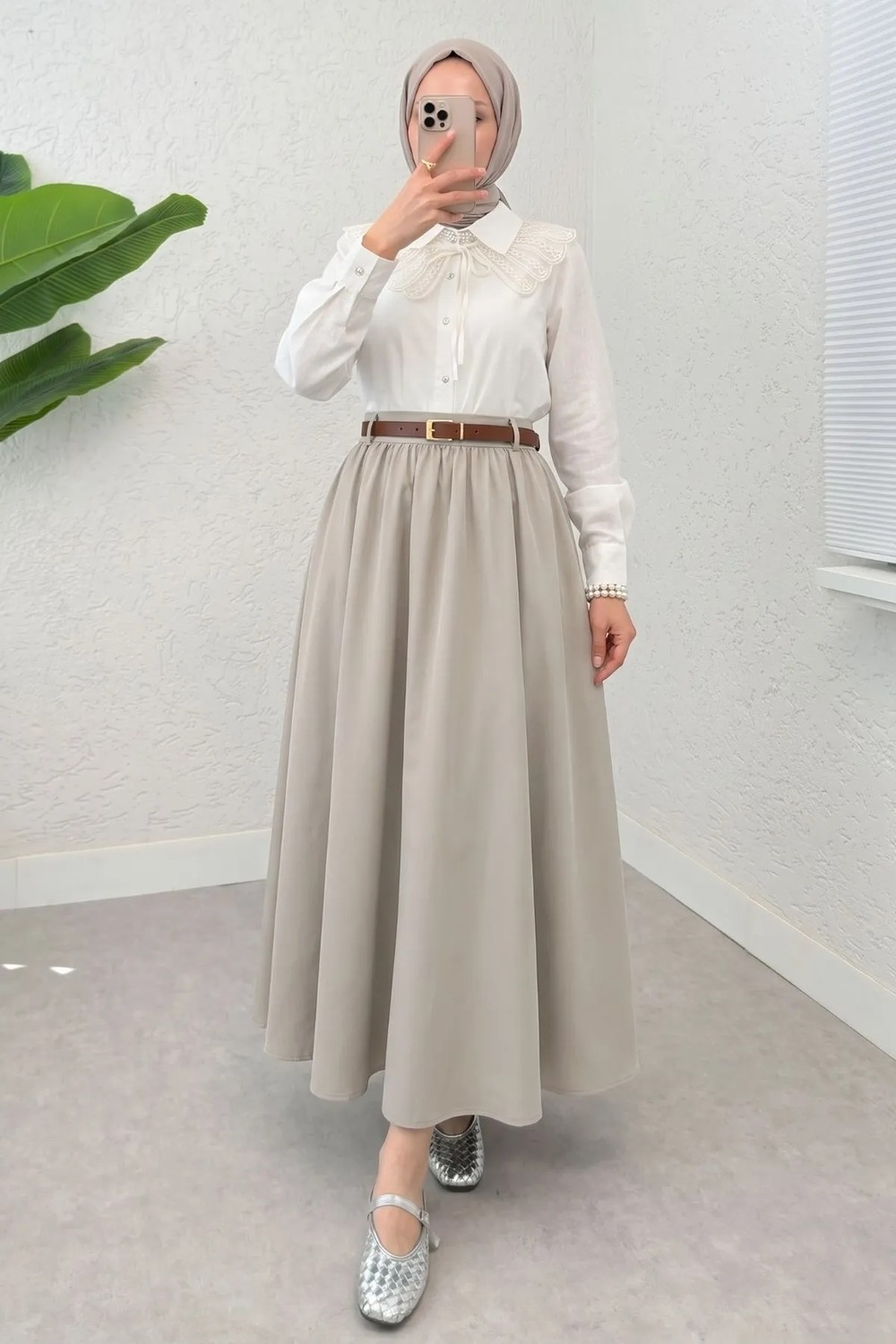 Modestim Kadın Kemerli Soft Büzgülü Bel Lastikli Haki Tesettür Uzun Etek