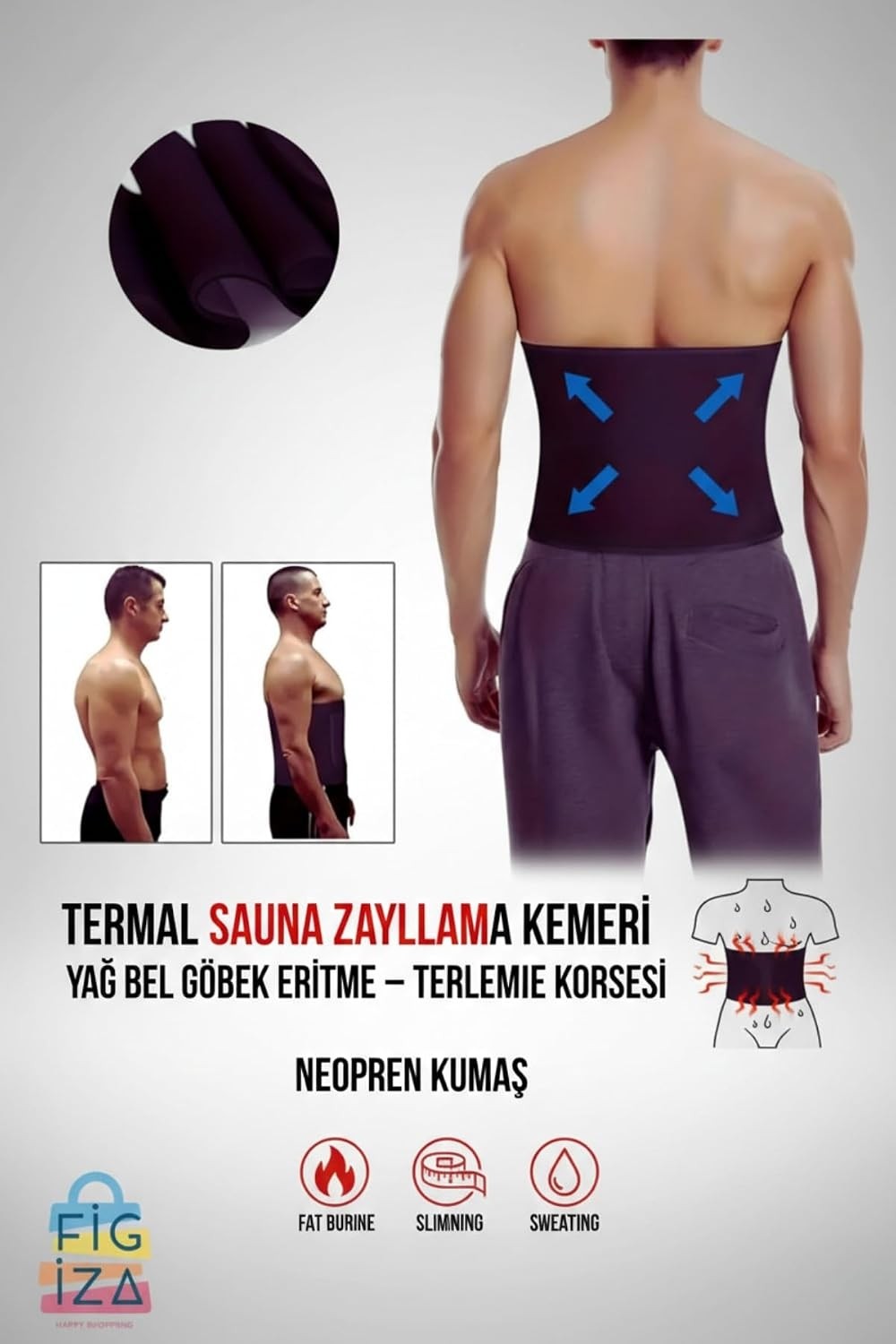 Termal Sauna Zayıflama Kemeri Yağ Bel Göbek Eritme Incelme Terleme Korsesi Neopren Kumaş görsel 4