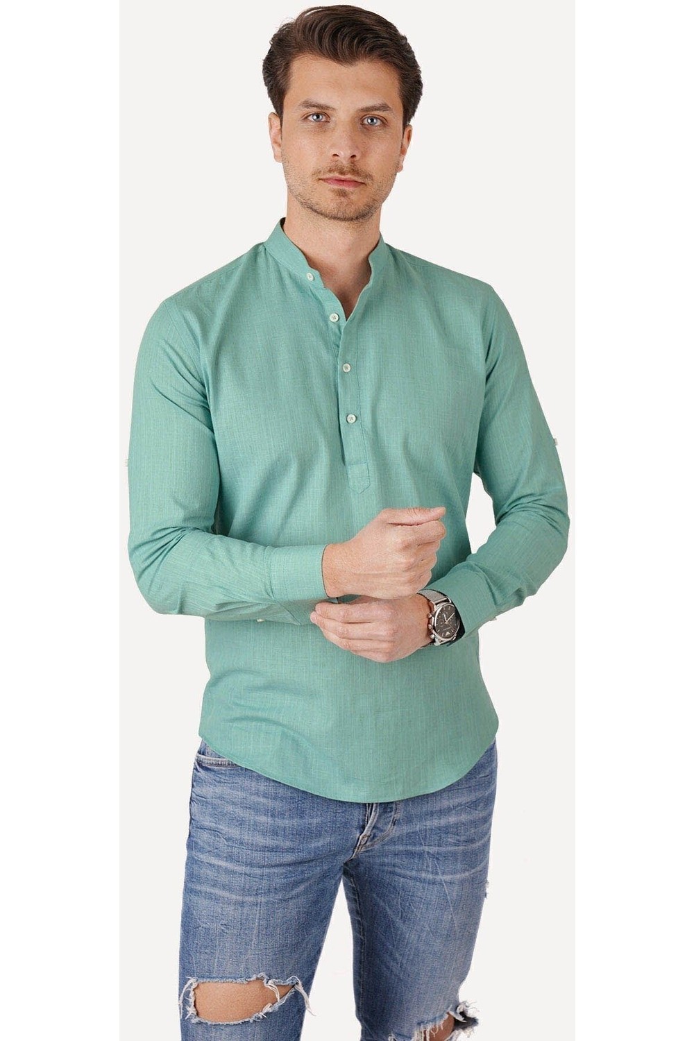 Etikmen Haki Yaka Düğmeli Keten Slimfit Erkek Gömlek görsel 8