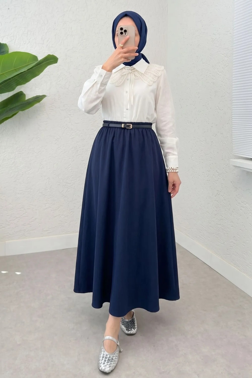 Modestim Kadın Beli Lastikli Kemerli Lacivert Uzun Tesettür Etek görsel 3