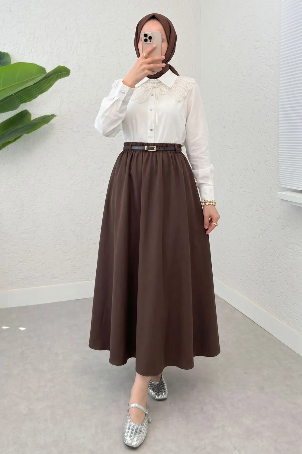Modestim Kadın Beli Lastikli Kemerli Lacivert Uzun Tesettür Etek