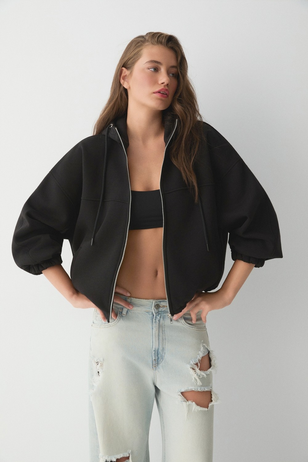 Ethiquet Valıt Kadın Çift Cepli Eteği ve Kol Ucu Lastikli Fermuarlı Oversize Gri Sweatshirt görsel 6