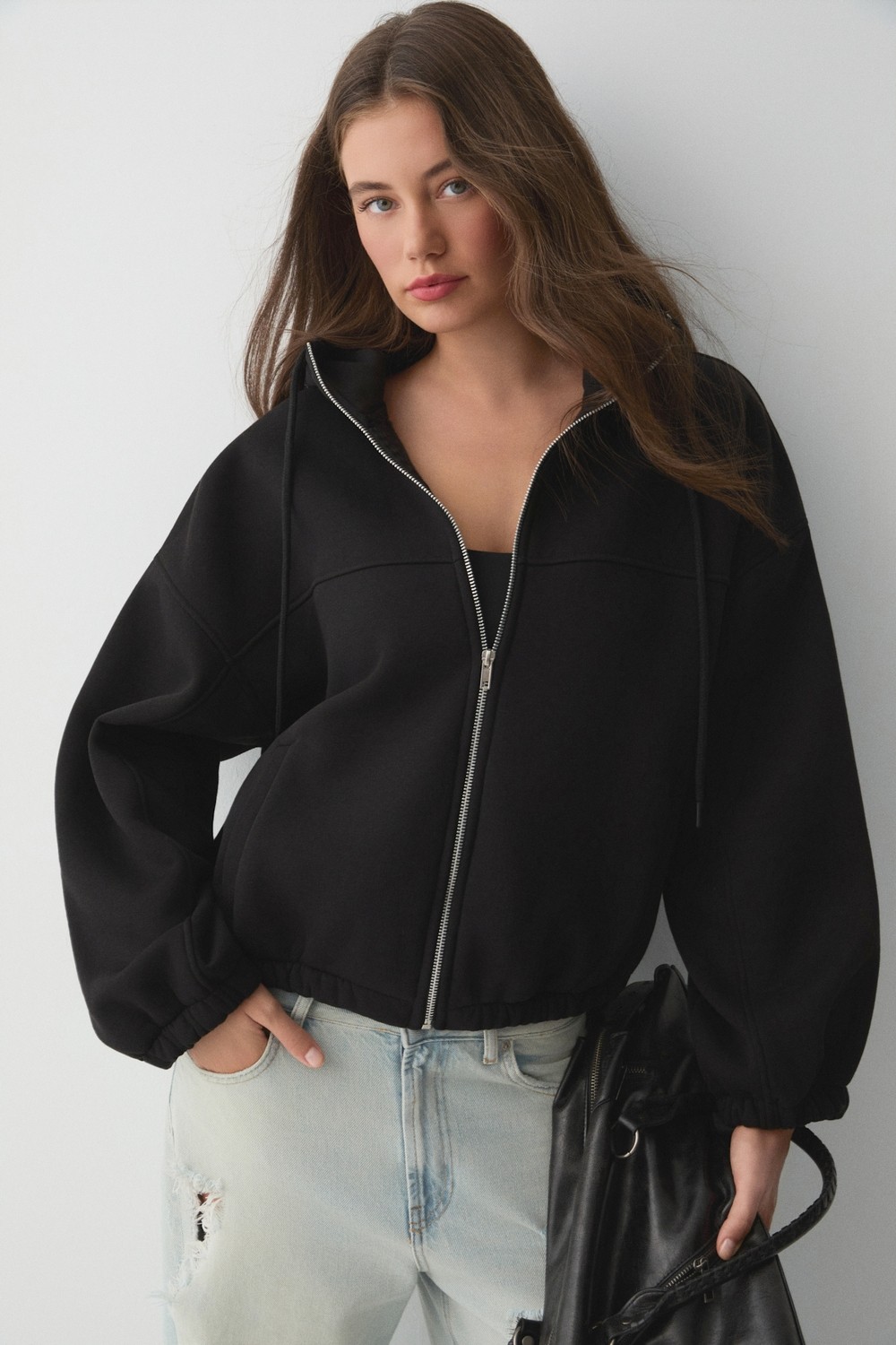 Ethiquet Valıt Kadın Çift Cepli Eteği ve Kol Ucu Lastikli Fermuarlı Oversize Gri Sweatshirt görsel 7
