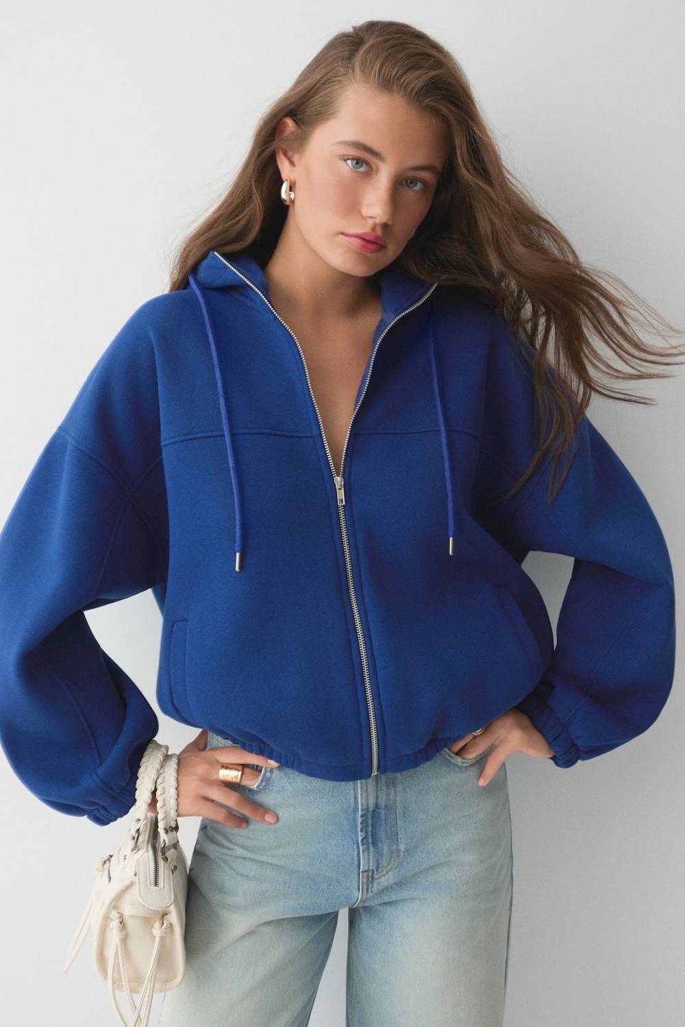 Ethiquet Valıt Kadın Çift Cepli Eteği ve Kol Ucu Lastikli Fermuarlı Oversize Gri Sweatshirt