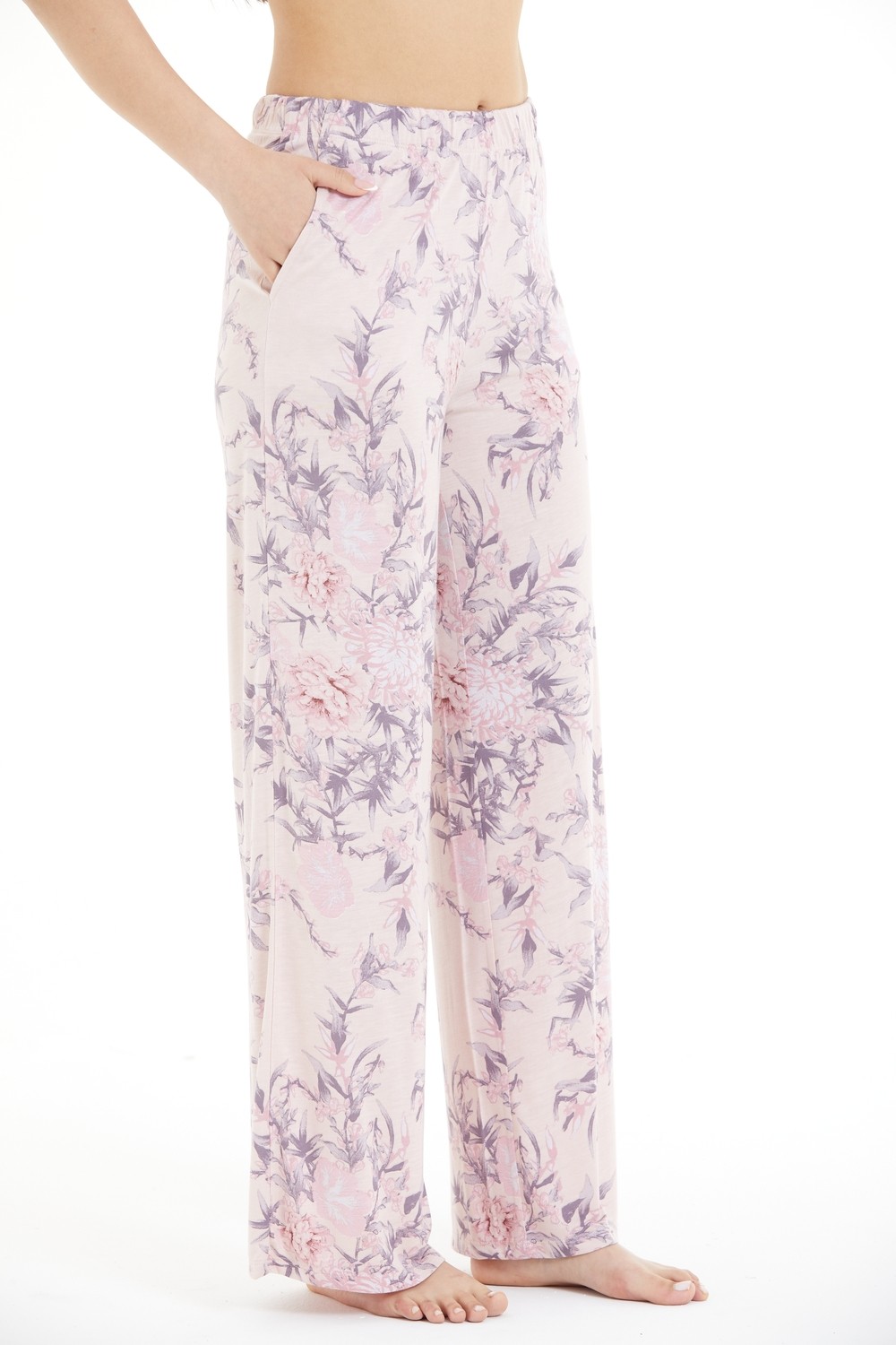 Lilac Konforlu Çiçek Desenli %100 Viscon Pantolon görsel 2