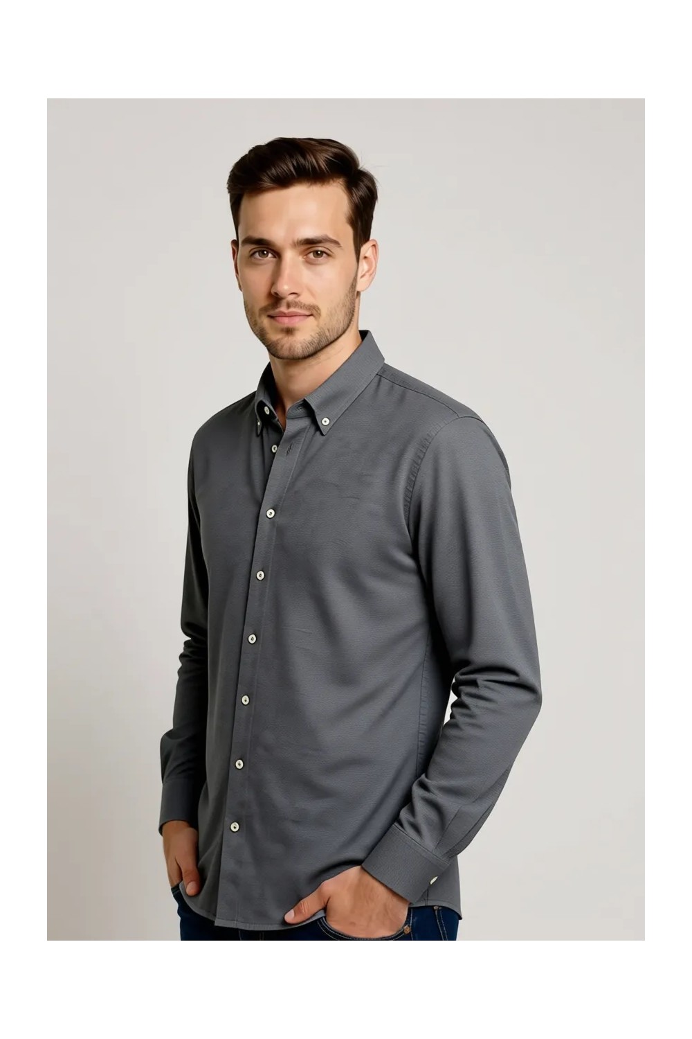 Altınyıldız Classics Erkek Haki Pamuklu Tailored Slim Fit Dar Kesim Düğmeli Yaka Örme Gömlek görsel 6