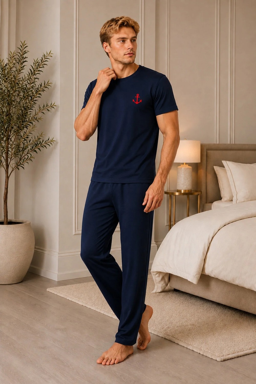 Pijamask Erkek Lacivert Çapa Nakışlı Kısa Kollu Pijama Takımı - Rahat Kesim Alt Üst Takım