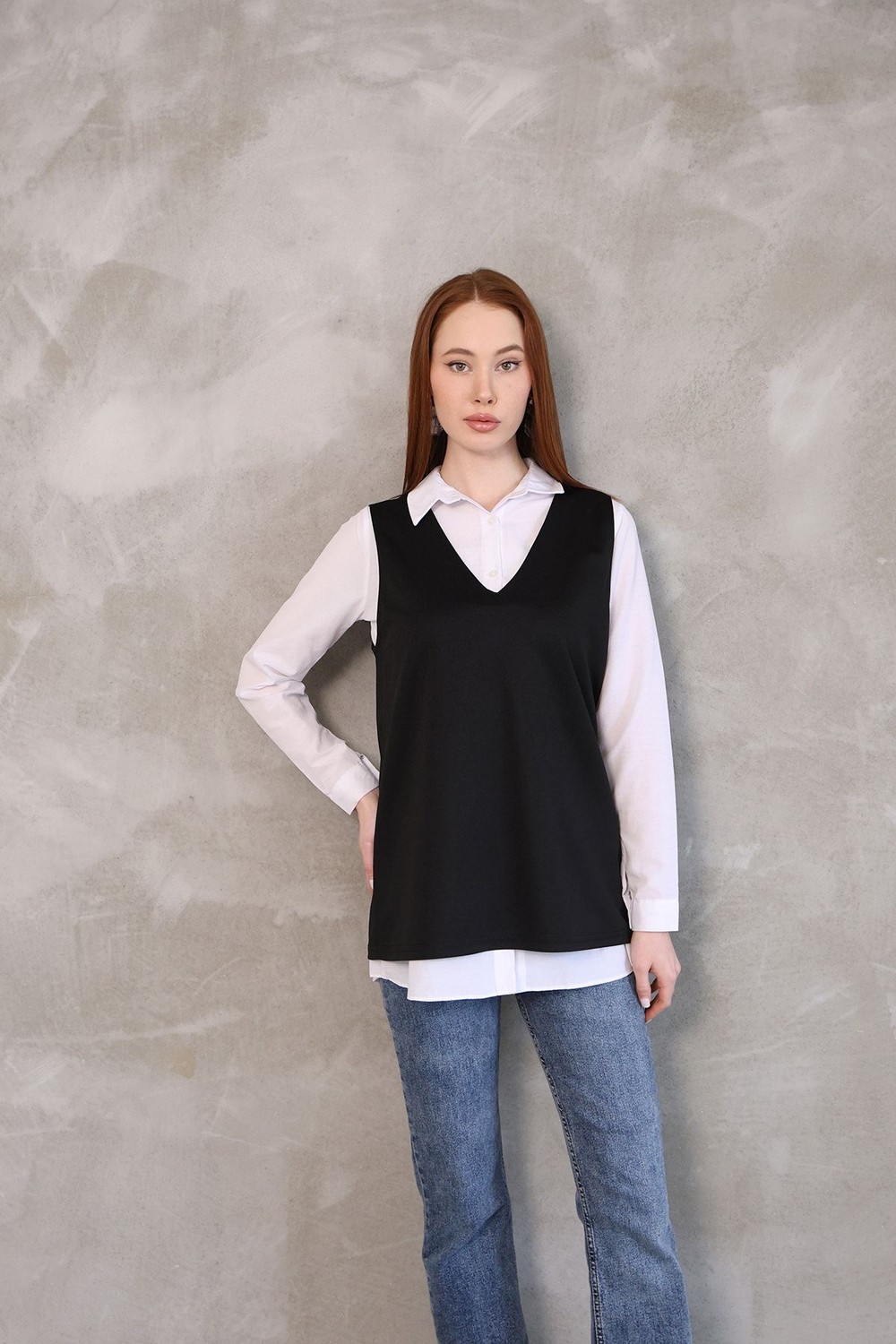 Foremia Kadın V Yaka Süveter Gömlek Yazlık Trend Modest Tesettür Tunik-Siyah -