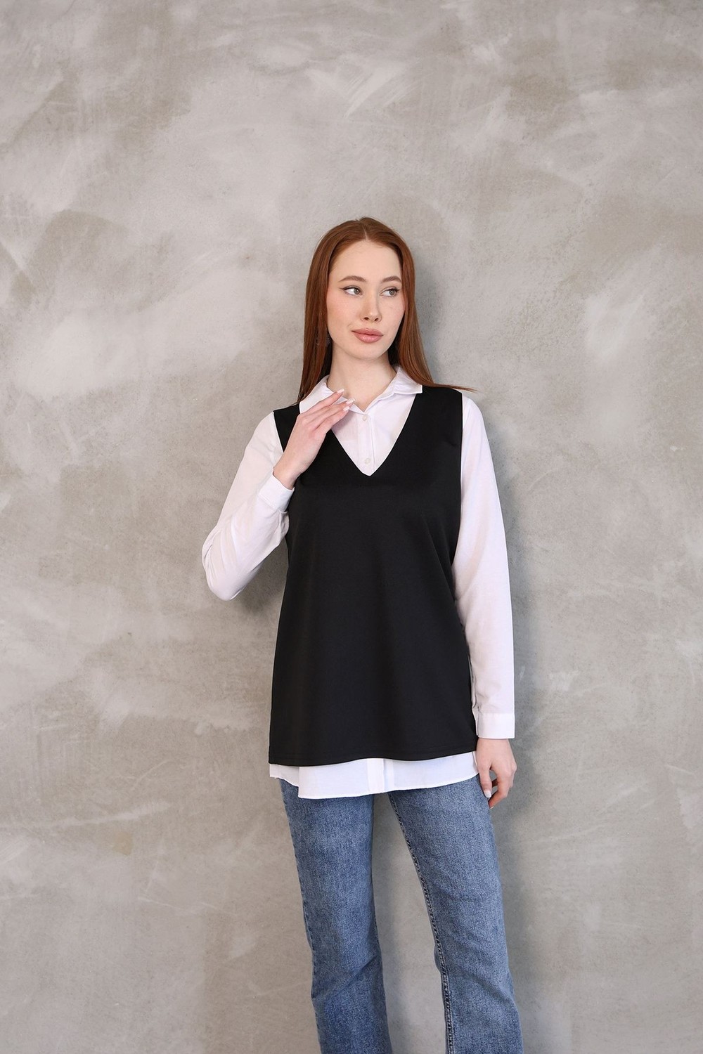 Foremia Kadın V Yaka Süveter Gömlek Yazlık Trend Modest Tesettür Tunik-Siyah - görsel 2