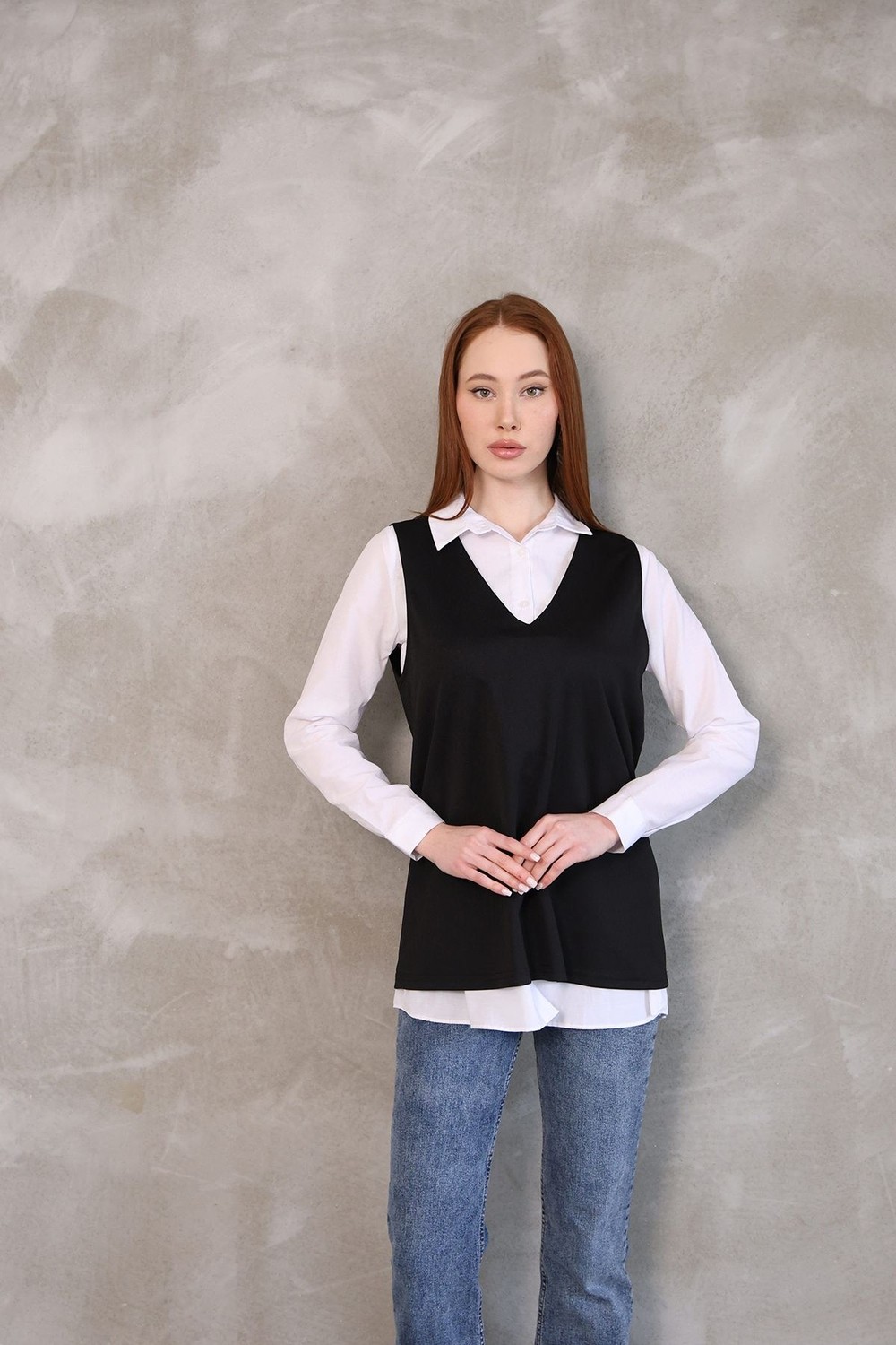 Foremia Kadın V Yaka Süveter Gömlek Yazlık Trend Modest Tesettür Tunik-Siyah - görsel 3