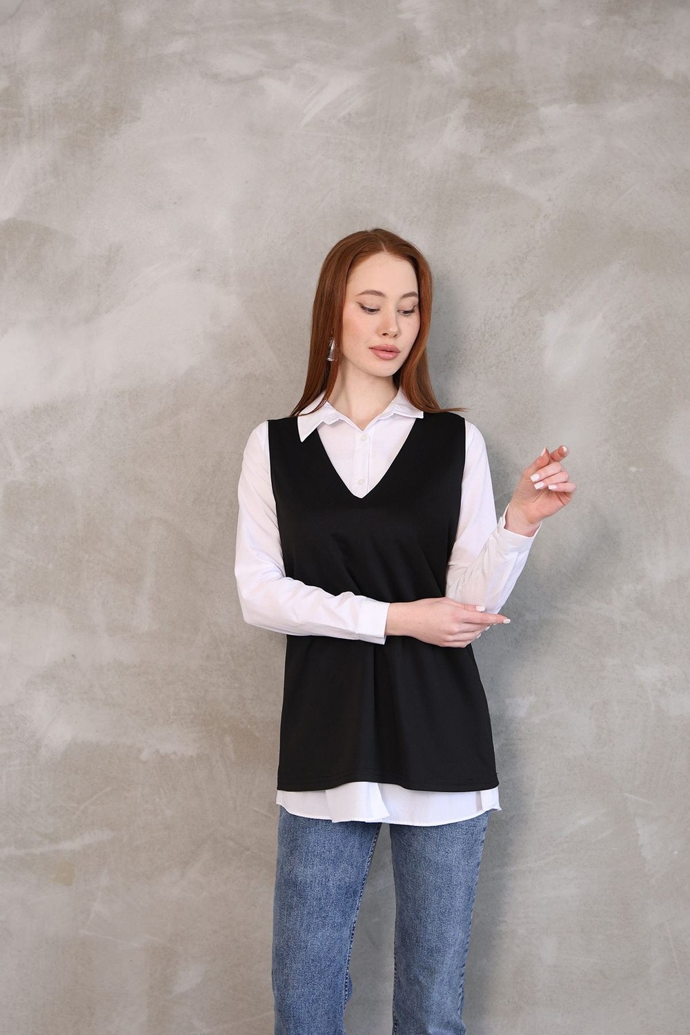 Foremia Kadın V Yaka Süveter Gömlek Yazlık Trend Modest Tesettür Tunik-Siyah - görsel 4