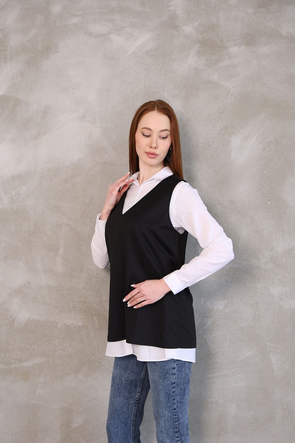 Foremia Kadın V Yaka Süveter Gömlek Yazlık Trend Modest Tesettür Tunik-Siyah - görsel 5