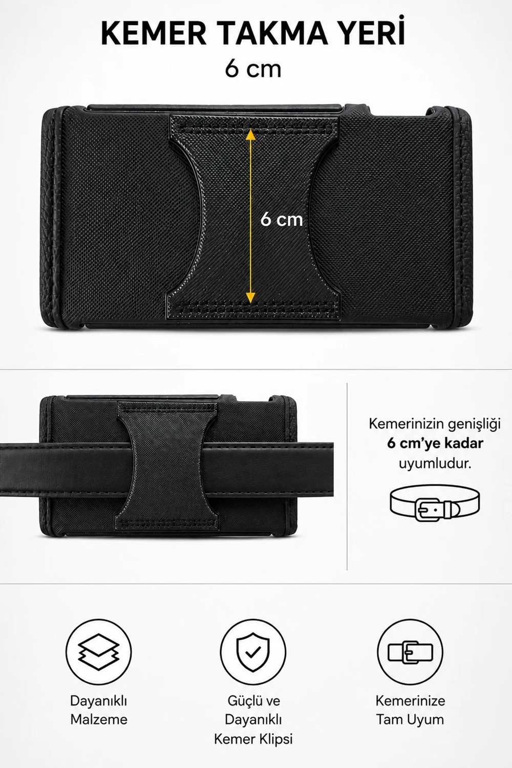 Exenar Kemere Takılan Telefon Bel Kemer Kılıfı Cırt Kapaklı Yan Lastikli 17CM görsel 5