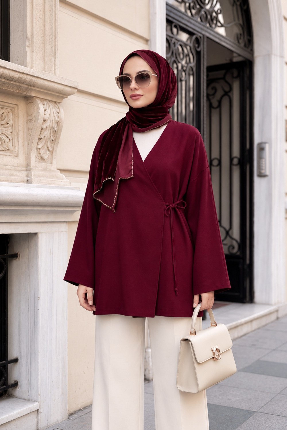 Uslular Bordo Kruvaze Yaka Yandan Bağlamalı Kimono Tunik