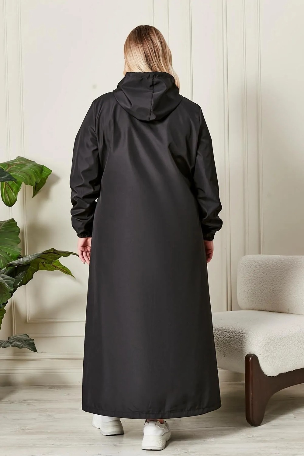 Derace Kadın Büyük Beden Siyah Tam Boy Trenç Regular Fit Hakim Yaka %100 Polyester görsel 8