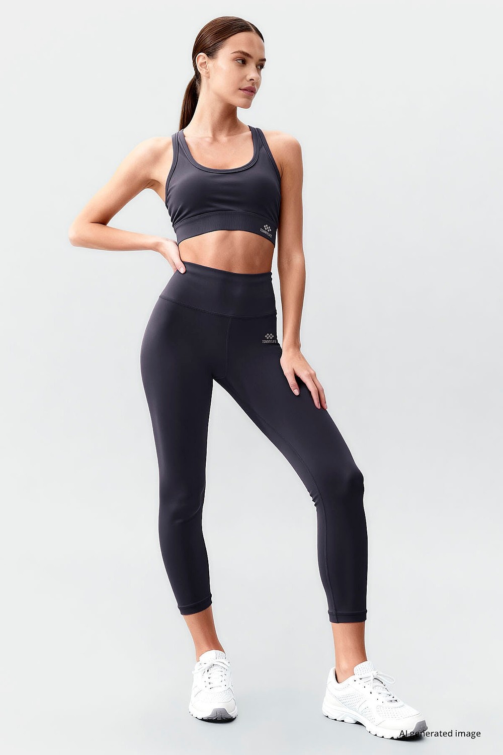 Tommy Life Antrasit Yüksek Bel Toparlayıcı Çapraz Sırt Detaylı Slim Fit Kadın Tayt Takım - 95283