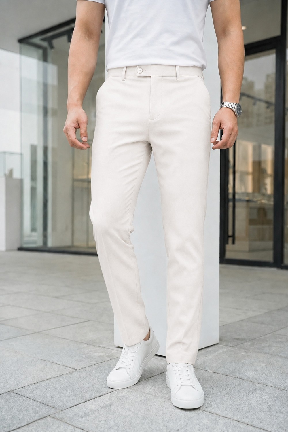 Modamesto Erkek Bej Slim Fit Likralı Yan Cep Bilek Boy Düz Kumaş Pantolon