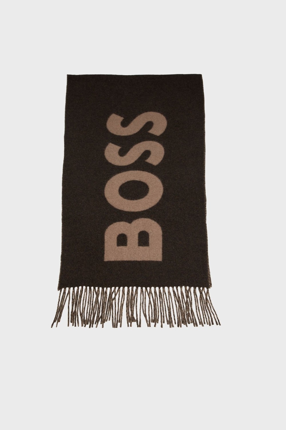 Boss Erkek Monogram Logo Desenli Kontrast Püsküllü Kahverengi Şal & Eşarp & Fular 50527099-346