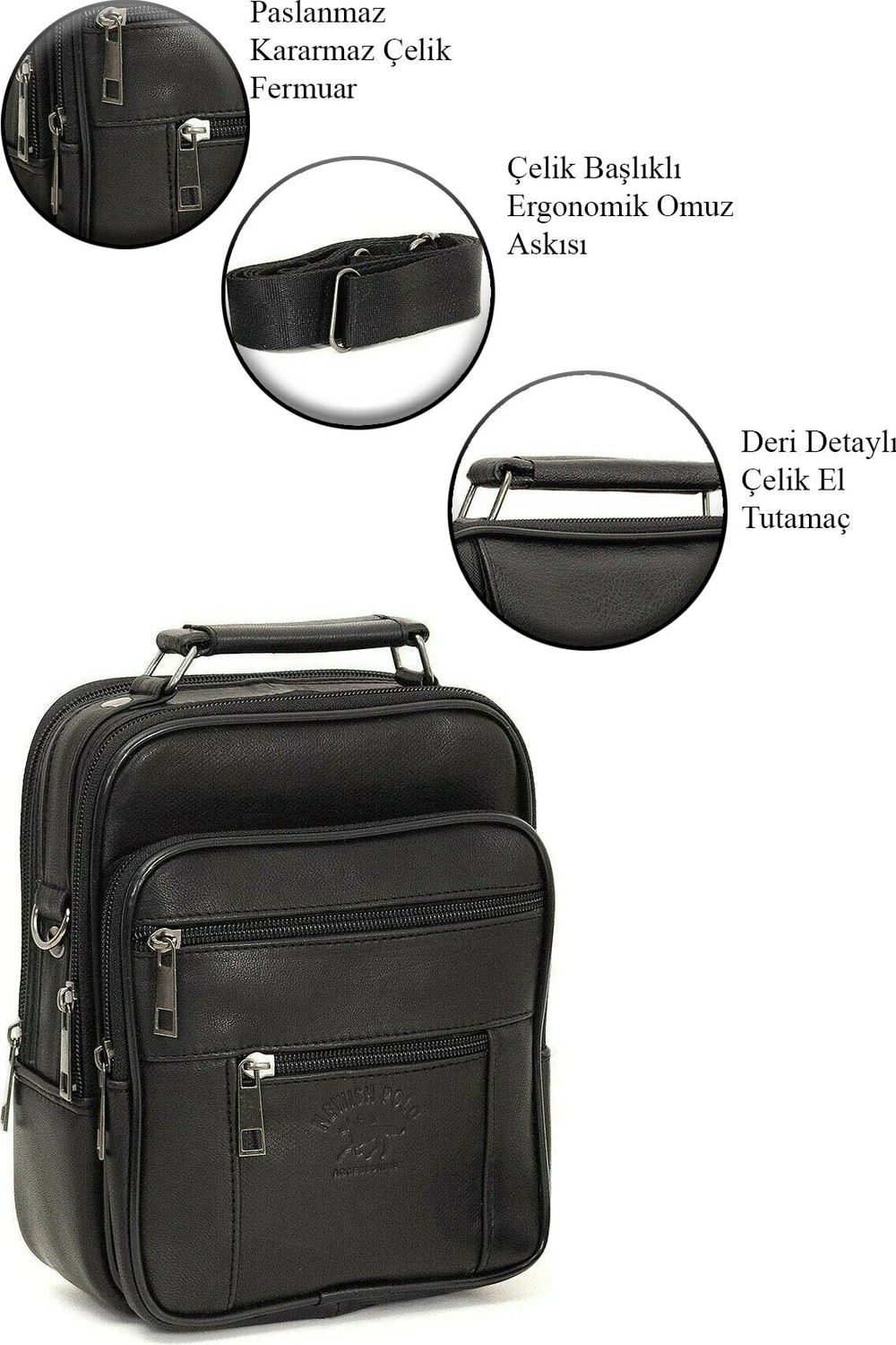Sannora Bags Erkek Siyah Çelik Kasalı Hakiki Deri El ve Omuz Çantası Ayarlanabilir Askılı (Orta Boy ve Küçük Boy) görsel 7