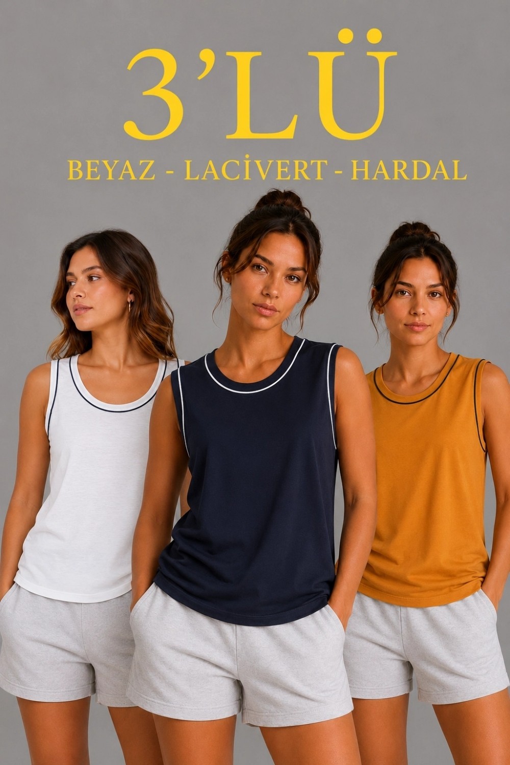 Hace Bazaar Kadın 3’lü Kolsuz Sporcu Atlet Seti Yazlık Bisiklet Yakalı - Beyaz, Lacivert, Hardal