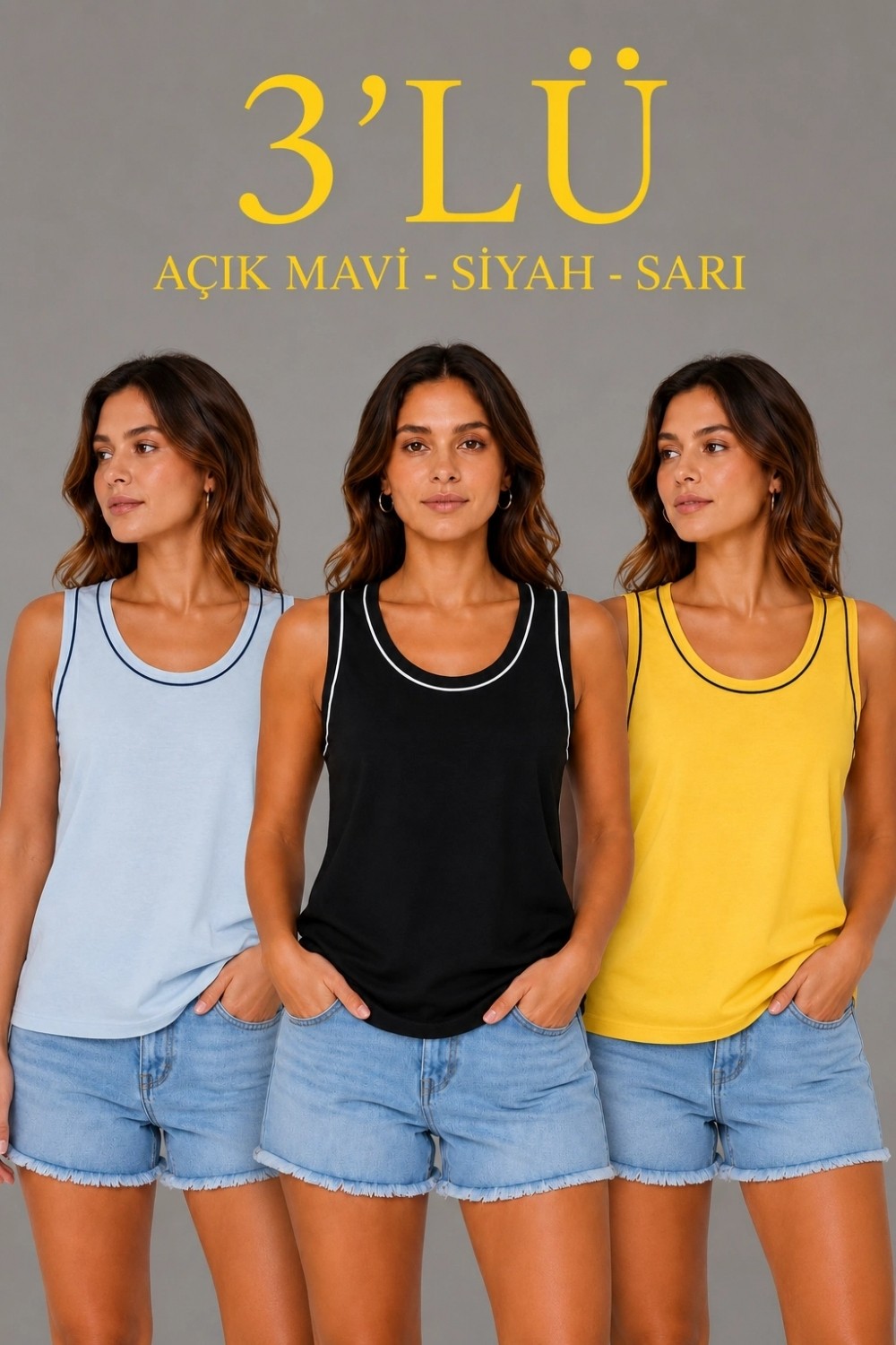 Hace Bazaar Kadın 3’lü Kolsuz Sporcu Atlet Seti Yazlık Bisiklet Yakalı - Sarı, Siyah, Bebe Mavisi