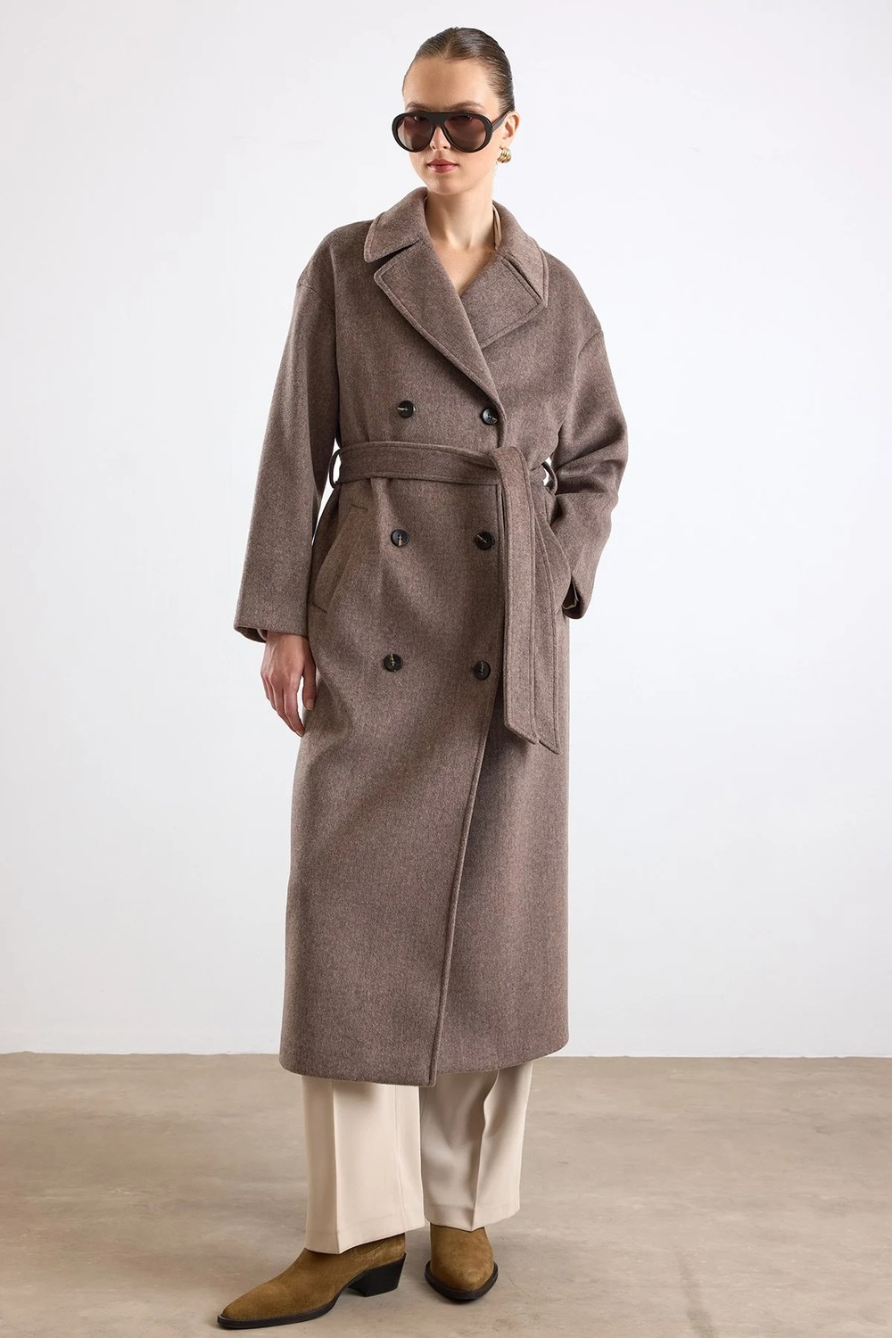 Olcay Oversize Düşük Kol Kruvaze Kaban Latte 3173 görsel 2