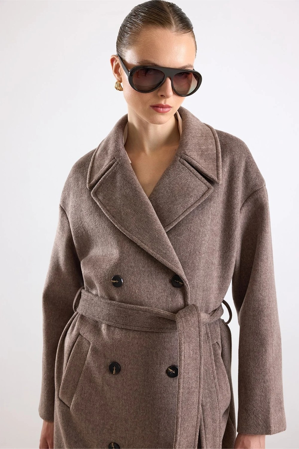 Olcay Oversize Düşük Kol Kruvaze Kaban Latte 3173 görsel 3