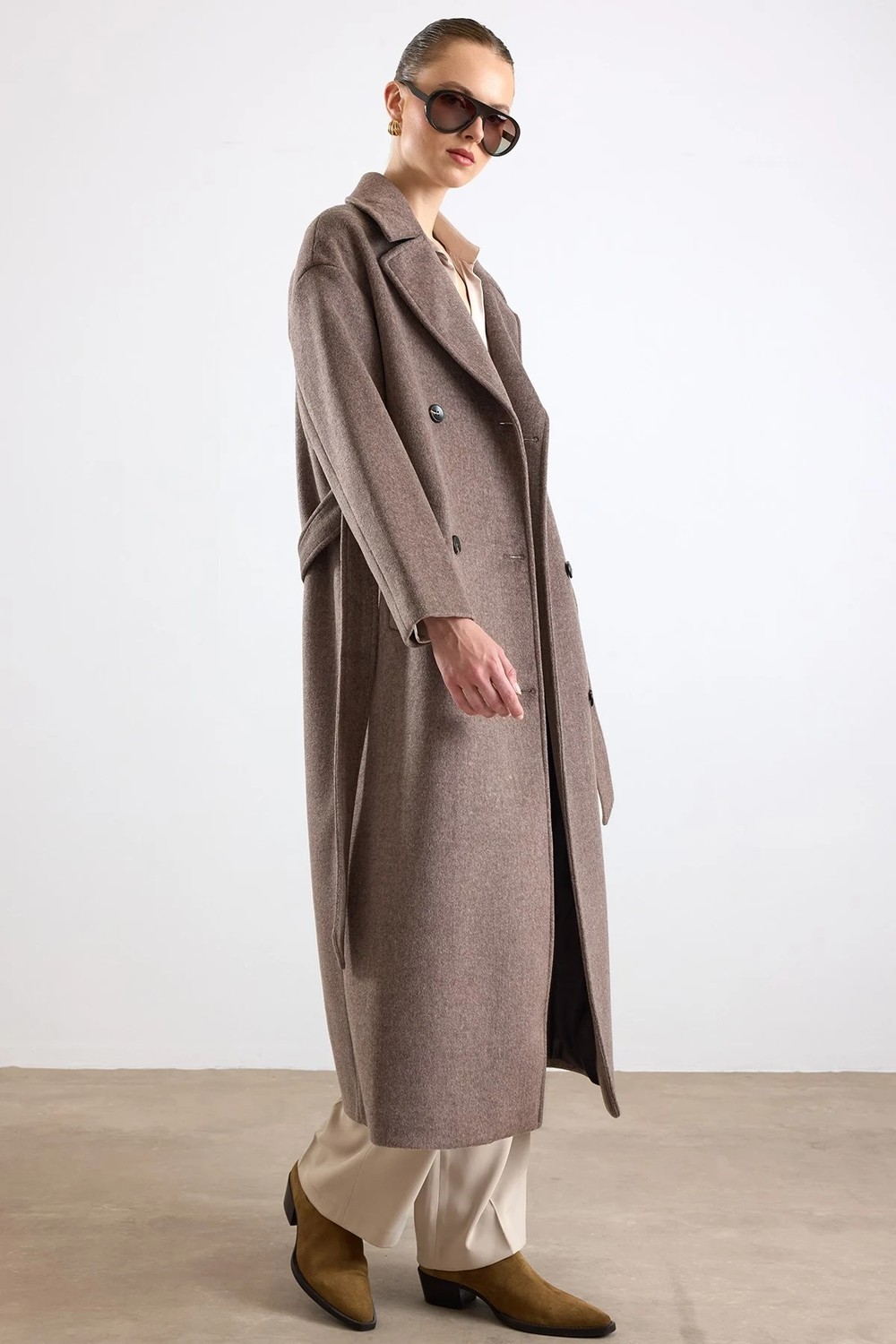 Olcay Oversize Düşük Kol Kruvaze Kaban Latte 3173 görsel 4