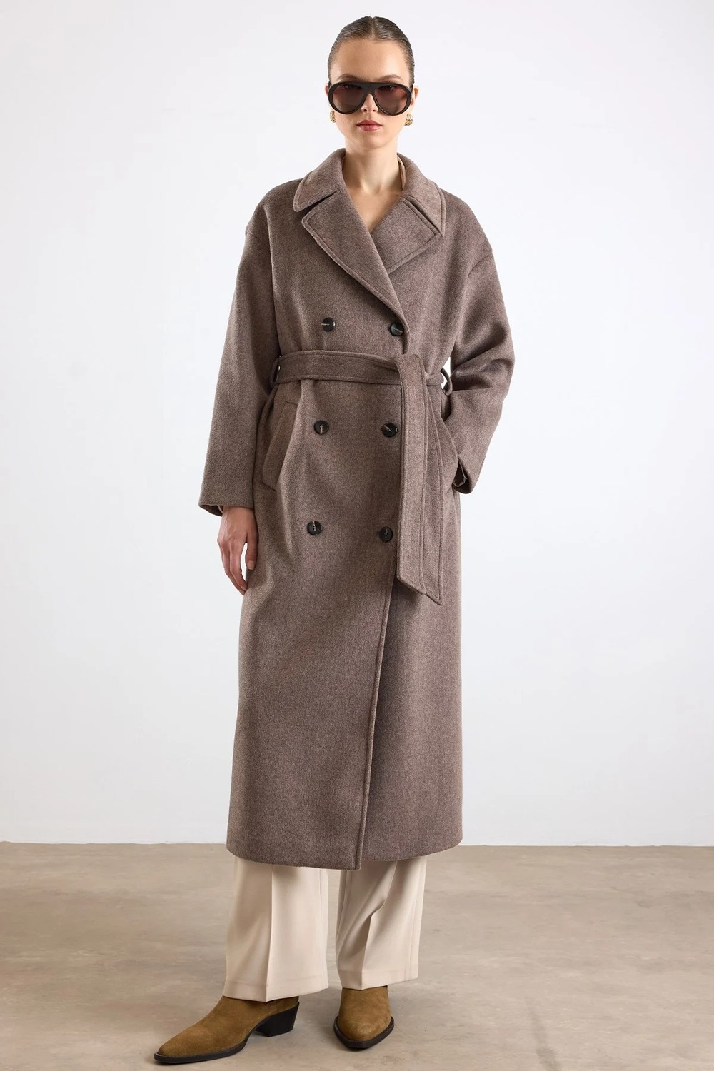 Olcay Oversize Düşük Kol Kruvaze Kaban Latte 3173 görsel 6