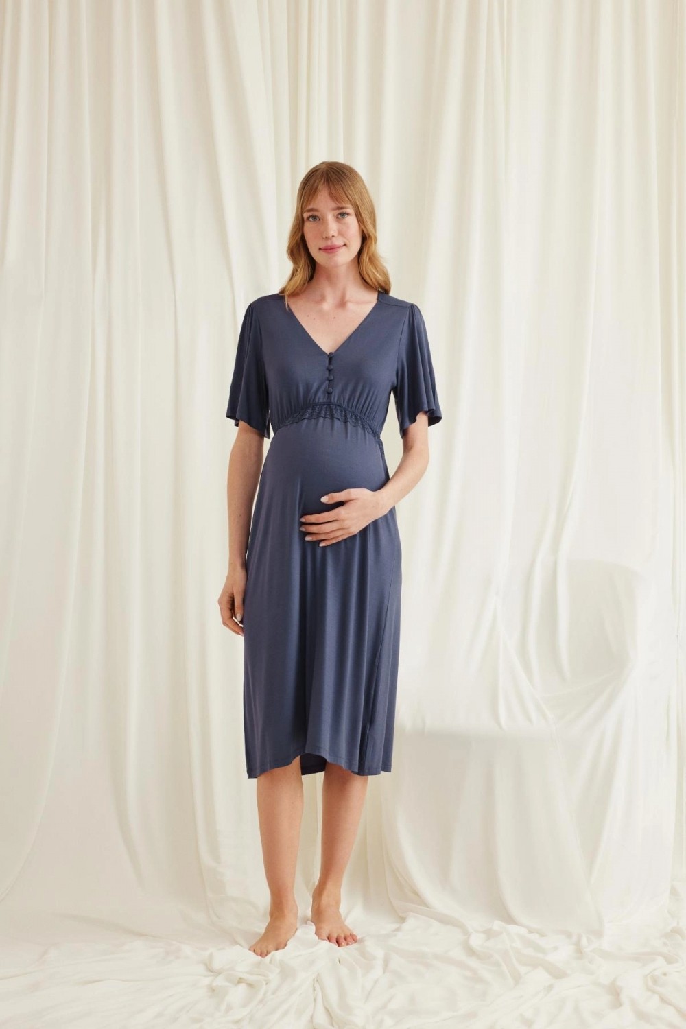 Hace Bazaar Marsilyan™- Dantelli Önü Düğmeli Hamile Lohusa Lacivert Gecelik