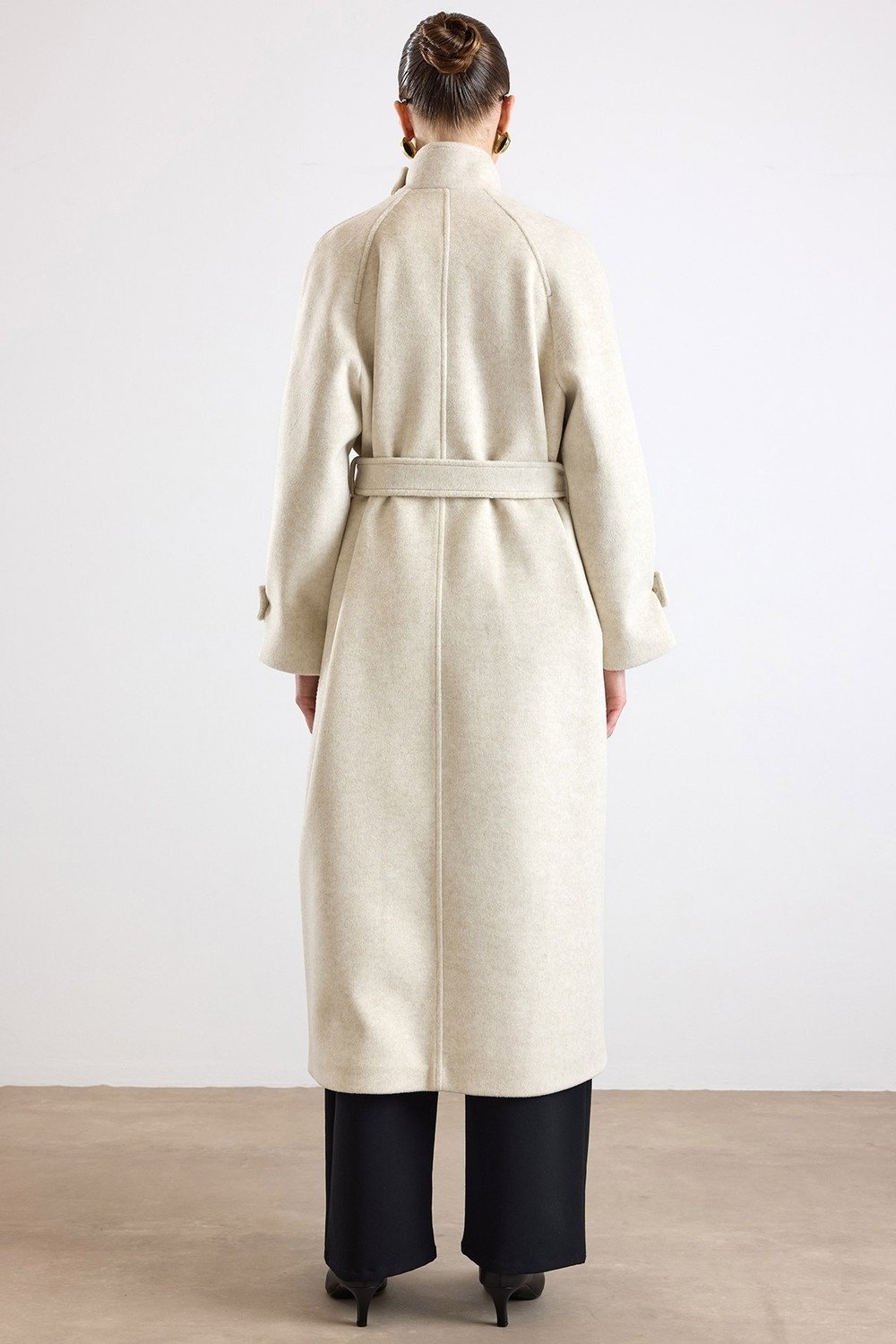 Olcay Dik Yaka Pat Detaylı Oversize Kaban Bej Melanj 3177 görsel 7