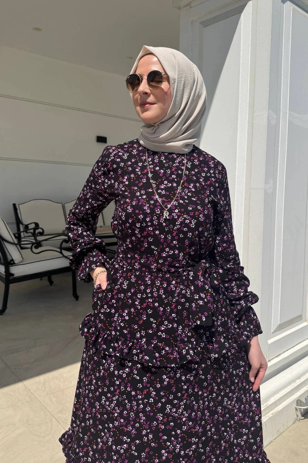 Rabia Şamlı Mine Elbise Lila Çiçekli Siyah görsel 2
