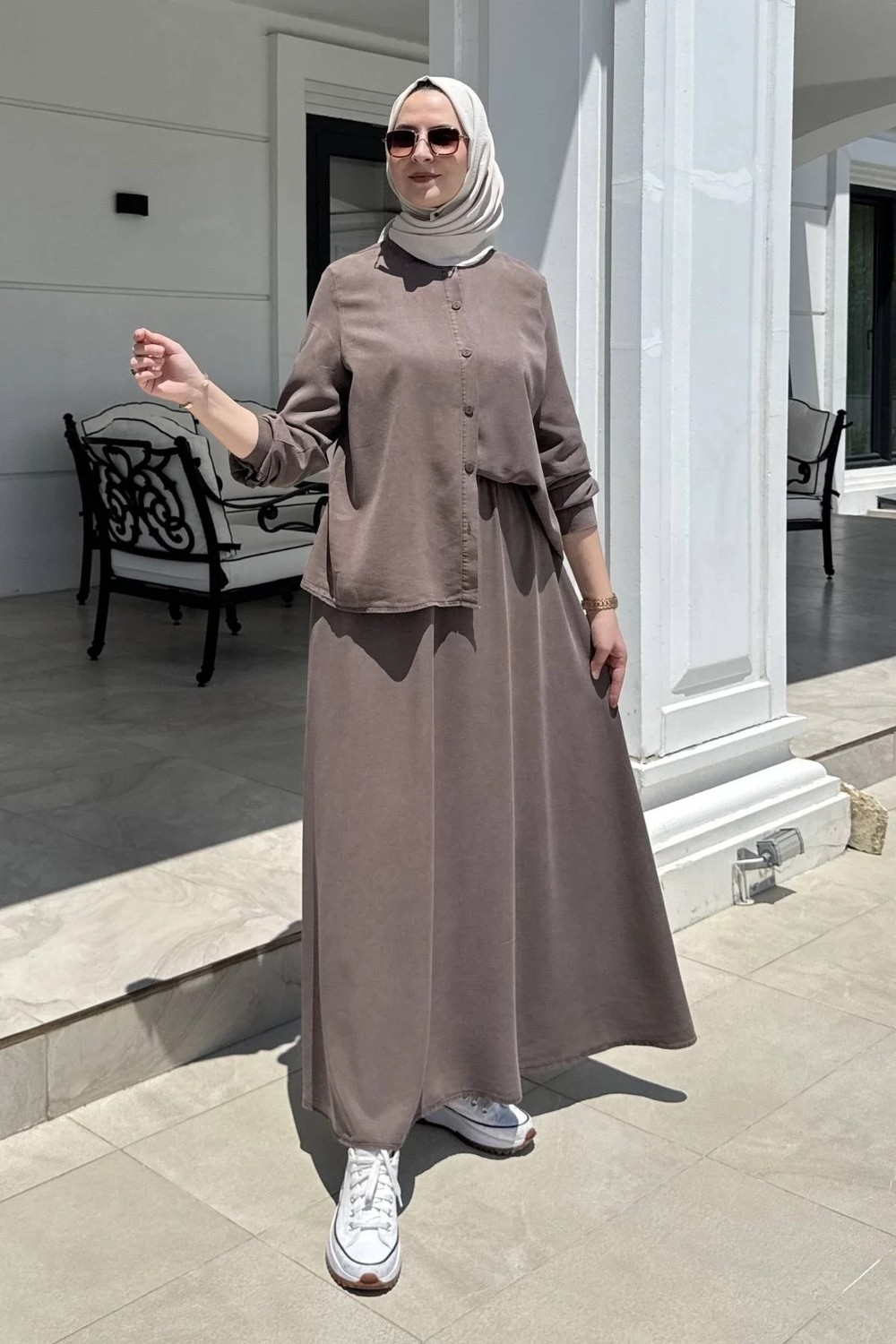 Rabia Şamlı Lavin Etekli Takım Kahve