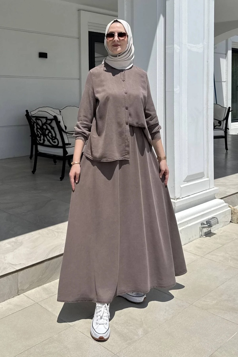 Rabia Şamlı Lavin Etekli Takım Kahve görsel 3