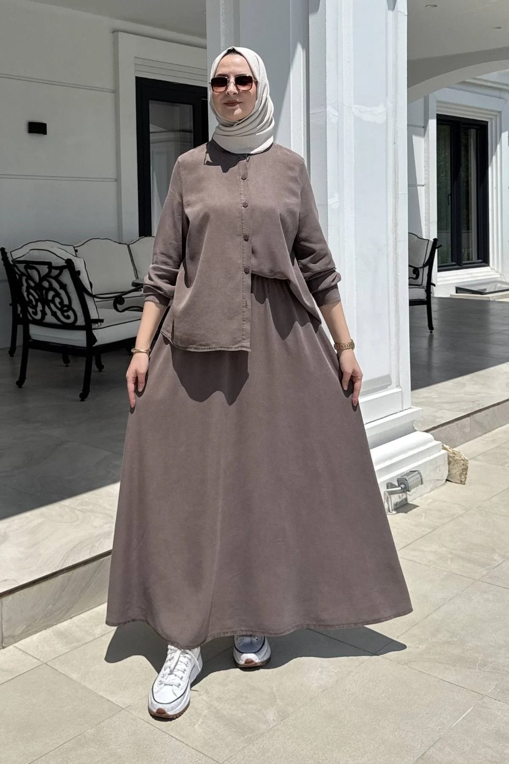 Rabia Şamlı Lavin Etekli Takım Kahve görsel 4