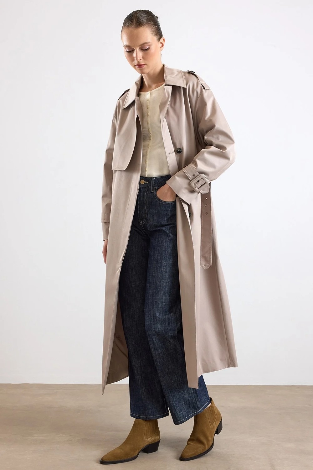 Olcay Oversize Toka Aksesuarlı Su Itici Özellikli Trençkot Taş 6888 görsel 5