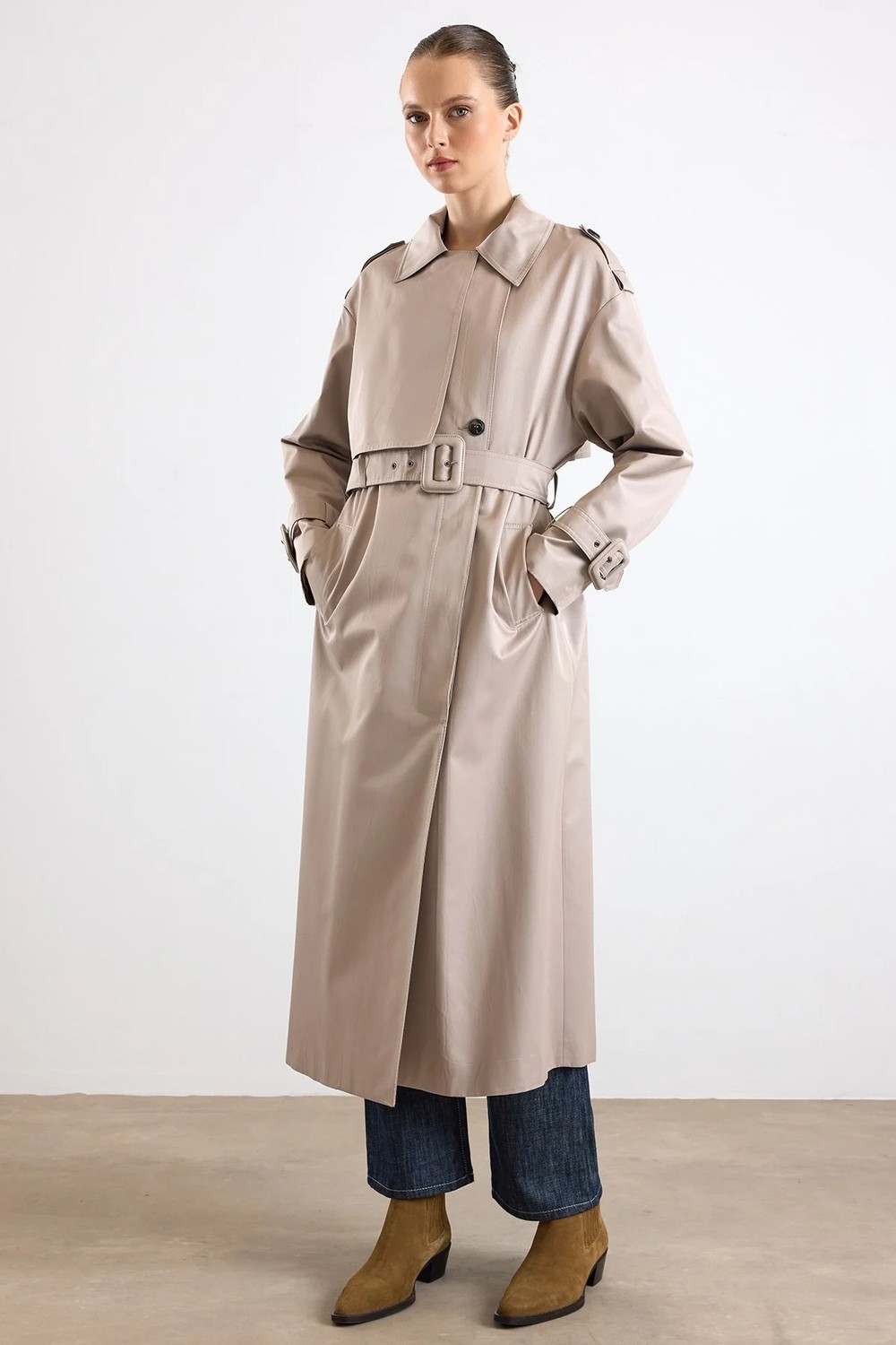 Olcay Oversize Toka Aksesuarlı Su Itici Özellikli Trençkot Taş 6888 görsel 6