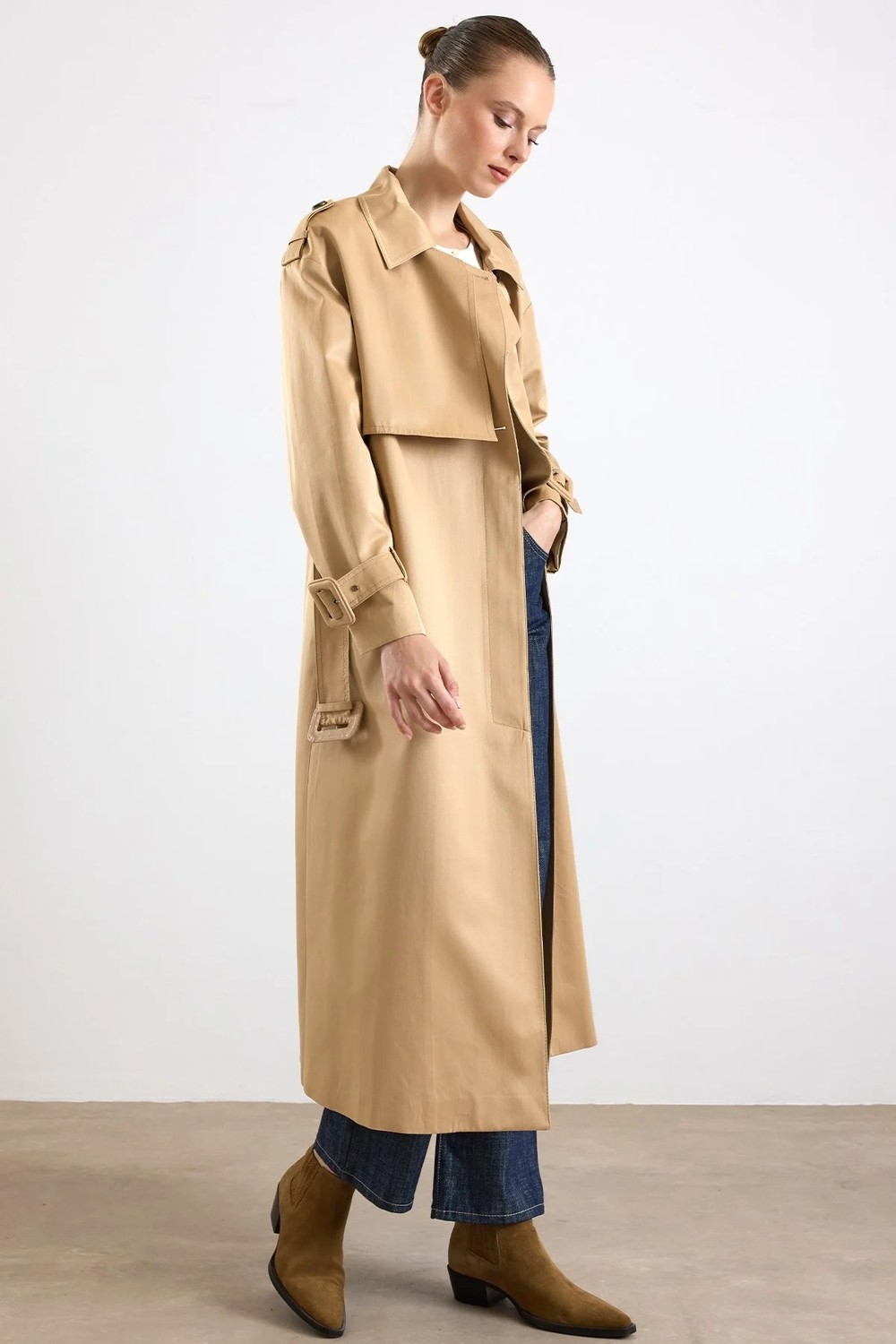 Olcay Oversize Toka Aksesuarlı Su Itici Özellikli Trençkot Kamel 6888 görsel 6