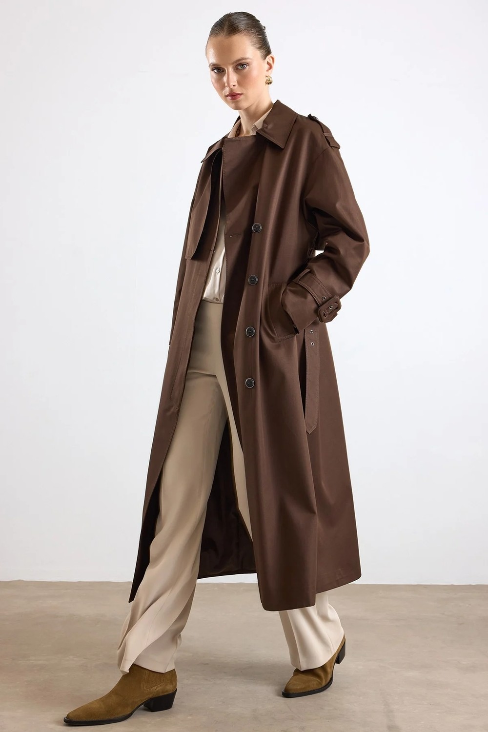 Olcay Oversize Toka Aksesuarlı Su Itici Özellikli Trençkot Kahve 6888