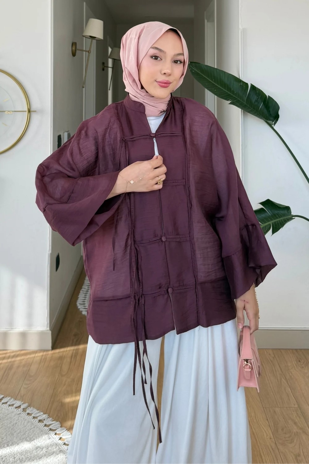 Tesettür Diyarı Madis Tül Kumaş Tesettür Kimono- Mürdüm