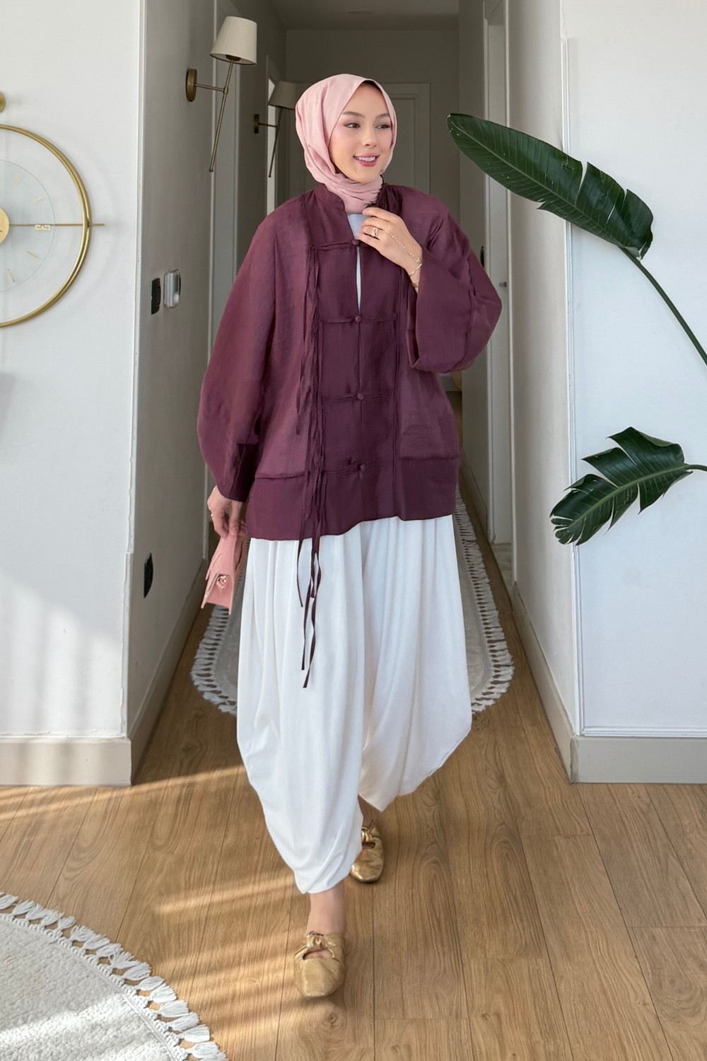 Tesettür Diyarı Madis Tül Kumaş Tesettür Kimono- Mürdüm görsel 2