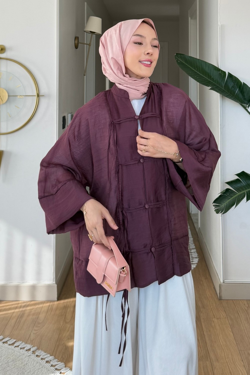 Tesettür Diyarı Madis Tül Kumaş Tesettür Kimono- Mürdüm görsel 3