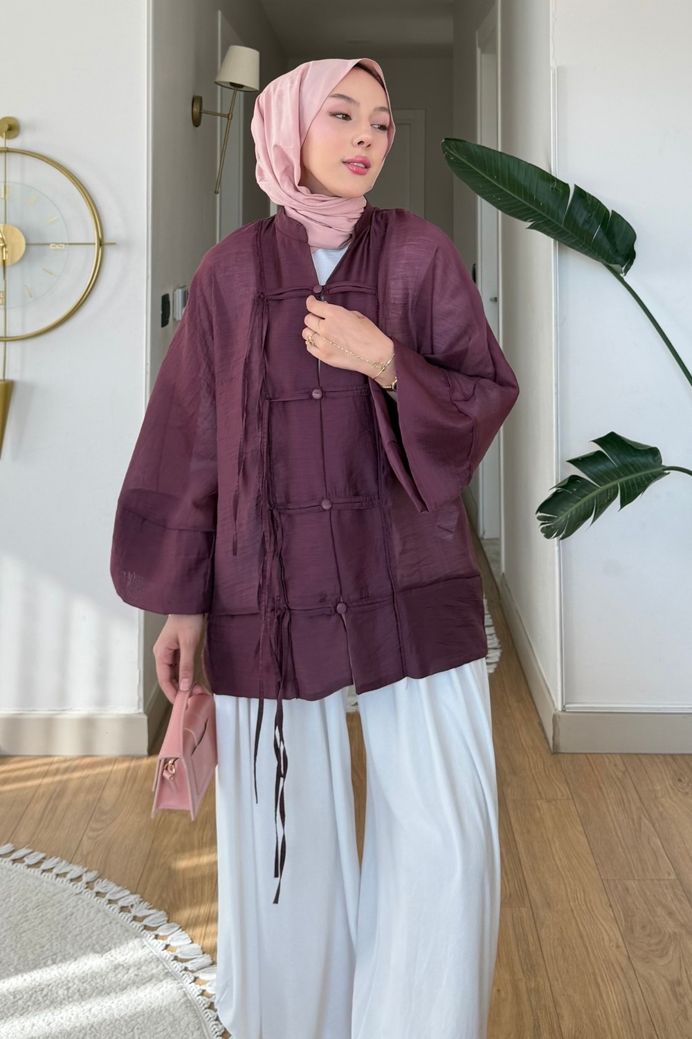 Tesettür Diyarı Madis Tül Kumaş Tesettür Kimono- Mürdüm görsel 4