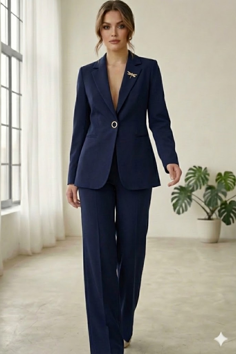 Diaves Beyaz Kadın Aksesuarlı Astarlı Tek Düğme Blazer Ceket & Kumaş Pantolon Takım Elbise